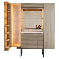 an open cabinet with a sink and mirror in the middle, on top of a white background