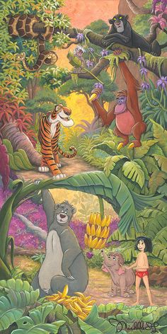 the jungle book cover with many different animals in it