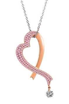 Platinum and 18K  rose gold plated sterling silver pave simulated diamond pink ribbon heart pendant necklace. Lobster clasp. Approx. 16" length with 2" extension. Approx. 1 3/8" pendant length. Imported Pink Jewelry With Lobster Clasp For Valentine's Day, Pink Necklaces With Diamond Accents For Gift, Pink Gold Jewelry With Diamond Accents As Gift, Pink Gold Jewelry With Diamond Accents For Gift, Pink Necklace With Diamond Accents Gift, Pink Gold Pendant Jewelry For Valentine's Day, Rose Gold Jewelry With Lobster Clasp For Mother's Day, Pink Heart Pendant Jewelry With Diamond Accents, Valentine's Day Pink Gold Cubic Zirconia Jewelry