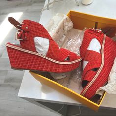 New In Box From Anthropologie Size 8.5 Platform Sandal Color: Coral (A Beautiful Red Orange) Suede Upper Designer Sandals With Red Sole For Summer, Spring Leather Wedge Sandals With Red Sole, Orange Slip-on Wedge Sandals For Spring, Orange Cushioned Slip-on Sandals, Orange Slip-on Wedge Sandals For Summer, Orange Adjustable Slip-on Sandals, Anthropologie Brands, Tie Up Sandals, Anthropologie Shoes