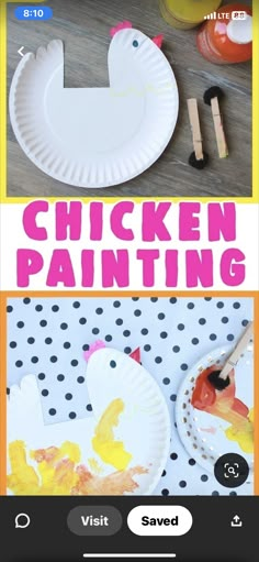 paper plate chicken painting with paintbrushes on the table and in front of it