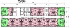 the floor plan for an office building with tables and chairs in pink, green and white