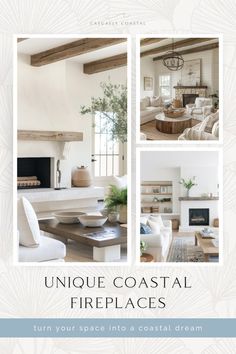 the inside of a living room with furniture and fireplaces in white, beige and blue colors