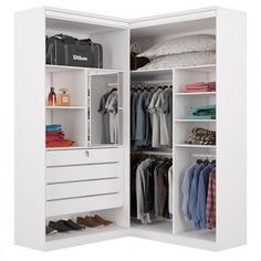 an open white closet with clothes and shoes