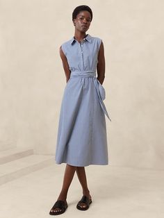 Poplin Cross-Waist Midi Dress | Banana Republic Factory Casual Sleeveless Shirt Dress For Work, Chic Sleeveless Work Dress With Pockets, Sleeveless Shirt Dress With Pockets For Daywear, Sleeveless Cotton Shirt Dress For Work, Collared Sleeveless Dress For Summer Workwear, Chic Button-up Sleeveless Dress For Work, Cotton Belted Sleeveless Midi Dress, Belted Sleeveless Cotton Midi Dress, Sleeveless Shirt Dress With Pockets For Spring