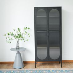 a tall black cabinet next to a small table with a vase on it and a plant in the corner