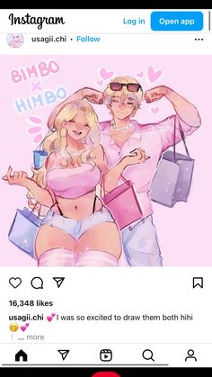 two women in pink shirts and blue shorts holding shopping bags