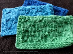 three crocheted dishcloths sitting on top of a couch