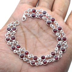 "Red Garnet Round Shape Gemstone Bracelet - 925 Sterling Silver Handmade Designer Bracelet Jewelry Length 8\" ( Stamped 925) MATERIAL- 925 STERLING SILVER GEMSTONE - Red Garnet BRACELET SIZE - 8\" STONE SIZE - 5 x 5 MM BRACELET WEIGHT - 12.6 GRAMS SHAPE - ROUND Occasion: Birthday gift, Valentine's Day Gift, Anniversary Gift, Wedding Gift, Engagement Gift, Christmas Gift, Gift For Her, Gift For mom, graduation gift, New Year Gift, Thanksgiving Gift, Housewarming Gift Silver: Silver has significan Jewelry For Christmas, Friendship Birthday, Round Bracelet, Bracelet Tennis, Jewelry Bracelets Silver, Garnet Bracelet, Rainbow Bracelet, Sterling Silver Jewelry Handmade, Women Bracelet