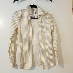 Nwt Express Button Down Gold And White Stripe Dress Shirt. Originally $40, Purchased At Gabriel Brothers For $10 White Business Blouse For Spring, White Dress Shirt For Office Wear, White Dress Shirt For Office, White Office Wear Dress Shirt, White Button-up Dress Shirt For Spring, White Casual Dress Shirt For Office, Casual White Dress Shirt For Office, White Dress Shirt For Office In Spring, White Dress Shirt For Spring Office Wear