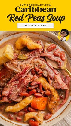 a white bowl filled with meat and vegetables on top of a table next to a yellow sign