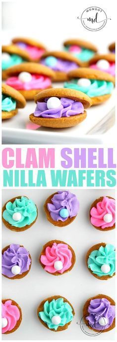 there are many colorful cupcakes with icing on them and the words glam shell