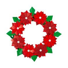 a red and green christmas wreath with poinsettis on it's sides