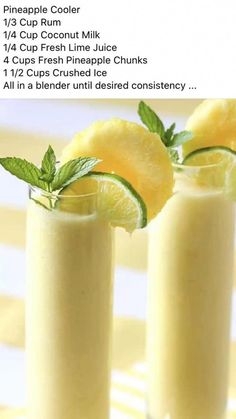 the recipe for pineapple cooler is shown in two tall glasses with lemons and mint