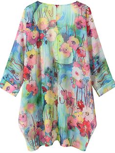 Women's Floral Print Sheer Chiffon Loose Kimono Cardigan Capes Top Long Sleeve Chiffon Blouse For Daywear, Chiffon Beach Blouse For Fall, Non-stretch Multicolor Floral Print Blouse, Long Sleeve Chiffon Blouse For The Beach, Spring Chiffon Long Sleeve Blouse, Chiffon Long Sleeve Tops For Vacation, Sheer Blouse For Spring Vacation, Long Sleeve Chiffon Top For Vacation, Spring Printed Chiffon Blouse