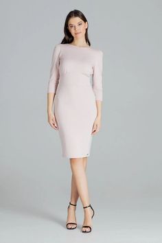 Cocktail dress model 143912 Lenitif - Shangri-La Fashion Pink Feminine, Fitted Midi Dress, Decorative Stitching, Dress With Long Sleeves, La Fashion, Model Dress, Binding, Cocktail Dress, Stitching