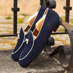 Ambrogio 4284 Bespoke Custom Men's Shoes Navy & White Suede Leather Belgian Loafers (AMB1766)-AmbrogioShoes Belgian Loafers, Mens Designer Loafers, Custom Made Shoes, Leather Slippers, Suede Loafers, Slipper Shoes, Mens Slippers, Blue Suede, Custom Shoes