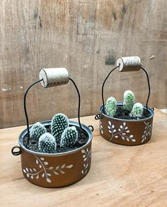 two metal buckets filled with cactus plants on top of a wooden table next to a roll of toilet paper