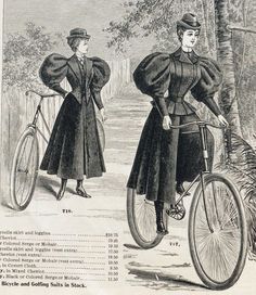 an old fashion illustration shows two women on bicycles, one wearing a long coat and the other riding a bicycle