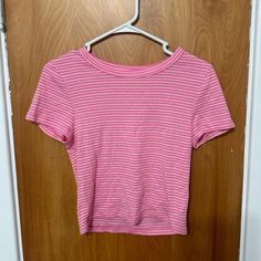 American Eagle Pink Striped Baby Tee - Never Worn Cute Striped Short Sleeve Tops, Cute Striped Cotton Tops, Striped Fitted Cute Top, American Eagle Pink Cargo Pants, Pink Usa T Shirt, Pink Striped Long Sleeve Shirt, Yellow Tube Top, American Eagle Coquette, Bow Crop Tops