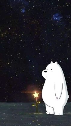 a large white polar bear standing next to a small yellow star in the night sky