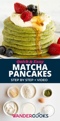 matcha pancakes with berries, raspberries and blueberries on top are shown