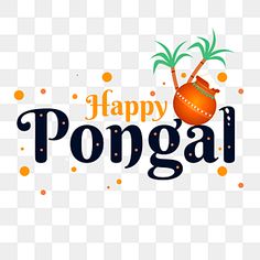 happy pongai text design with pot and palm tree on transparent background png