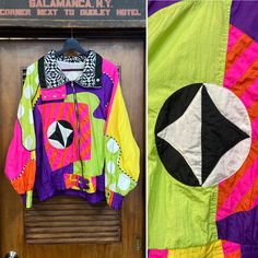 "Vintage 1980's Rave Multi-Color Batwing Krazy Style Windbreaker Club Jacket. Tag Size L. Please check the measurements below.  Very good condition. The label is  \"Saks Fifth Avenue\".  Original 1980's.  Batwing windbreaker with bright rave neon patterns.   All Sales Final.   Please ask any questions before purchase.   Take a look at our Store for more Vintage Clothing - VintageOnHollywood.   MEASUREMENTS  Shoulder to Shoulder: n/a Underarm to Underarm: 24\" Outer Sleeve Length (shoulder edge t 1980s Vintage Aesthetic, Retro Multicolor Windbreaker For Streetwear, Retro Pink Windbreaker, Vintage Pink Windbreaker For Spring, Retro Multicolor Windbreaker For Fall, 90s Style Multicolor Windbreaker For Spring, Vintage Multicolor Windbreaker For Fall, Retro Multicolor Spring Windbreaker, Vintage Multicolor Fall Windbreaker