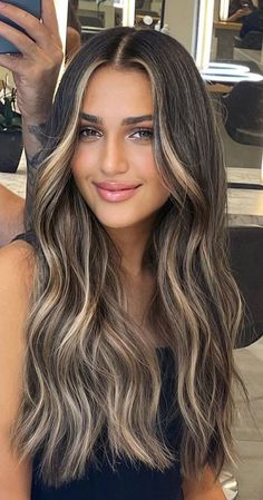 Dark Brown W Blonde Highlights, Highlight In Dark Brown Hair, Hair For Dark Features, Dark Brunette With Balayage, Blonde Highlights With Dark Brown Hair, Partial Blonde Highlights On Dark Hair, Balayage Hair Dark Brown To Blonde, Dark Hair With Highlights And Money Piece, High Contrast Brunette Balayage