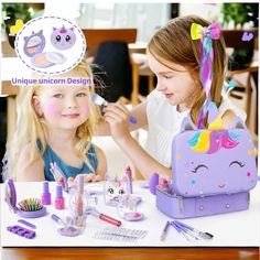 There's a special kind of magic in the eyes of a little girl when she opens her very first makeup kit. Imagine the delight as she unzips her unicorn-themed cosmetic case, revealing a treasure trove of colors and beauty essentials that spark her creativity. From pink lipsticks to colorful eyeshadows, every item inside this complete makeup set is designed to let her imagination run wild. This makeup kit isn't just a toy--it's the beginning of endless role-playing adventures. Whether she's getting ready for a pretend party or simply exploring her love for beauty, the kit encourages her to develop social and hands-on skills. With everything from lip glosses to nail art, this unicorn-themed set makes her feel like a true princess, offering hours of fun and creativity. Packaged in a charming uni First Makeup Kit, Real Makeup, Complete Makeup, Christmas Gift For Kids, Dressup Party, Lip Glosses, Unicorn Design, Makeup Set, Gift For Kids