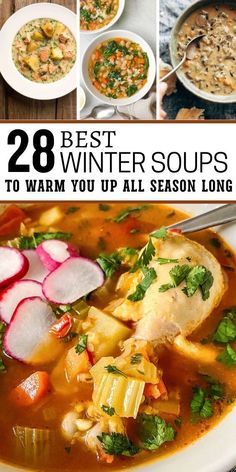 the cover of 28 best winter soups to warm you up all season long, with pictures of different dishes