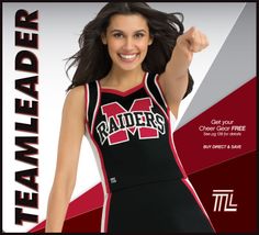 a woman in a black and red cheerleader uniform with her fist up to the side