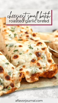 cheesy garlic bread on a cutting board with text overlay