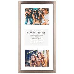 a white and gold framed photo frame with three photos on it, in front of a white background