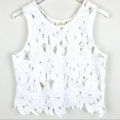 White Floral Lace Cutout Top Cutout Scalloped Hem See Through, Show Off Your Fancy Bralette Bust 19” Length 22” Size M Nwt Partial Tag Boho, Preppy, Coachella, Eyelet Lace, Bohemian, Beach, Summer,Saylor, White Lace Top White Tank Crop Top For Vacation, Summer White Tank Vest, White Tank Vest For Summer, White Sleeveless Crop Top For Summer, White Sleeveless Lace Crop Top, Summer Lace Crop Top Tank, Sleeveless Lace Summer Top, White Sleeveless Blouse Crop Top For Spring, Summer Lace Sleeveless Tank Top