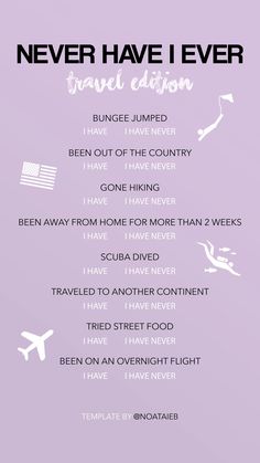 a purple poster with the words never have i ever travel edition