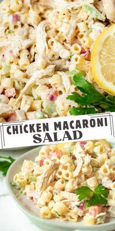 chicken macaroni salad in a bowl with lemon wedges