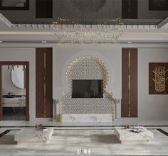 an elegant living room with chandelier and white marble bench in the center area