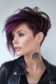 Purple Undercut Pixie, Haircuts Woman Long, Pixie Purple Hair, Pixie Punk Haircut, Pixie Hairstyles With Undercut, A Line Pixie Haircut, Purple Pixie Haircut, Female Shaved Hairstyles, Colorful Pixie Cut