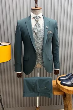 Bartley Ocean Blue Peaked Lapel Three Pieces Prom Suits With Jacquard Vest Three Piece Suit Mens, Unique Tuxedos, Tuxedo Tie, Green Tuxedo, Prom Suits, Looking Dapper, Tuxedo Suit, Peak Lapel, Tuxedo Jacket