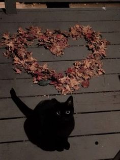 a black cat sitting on top of a wooden floor next to a heart shaped wreath