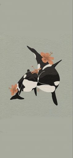 an orca jumping in the air with flowers on its back