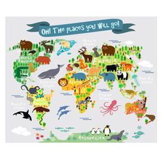 an animal map is shown with animals and words on the world's borders, which are