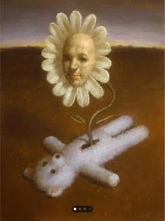 a painting of a sunflower and a white teddy bear in front of a brown background