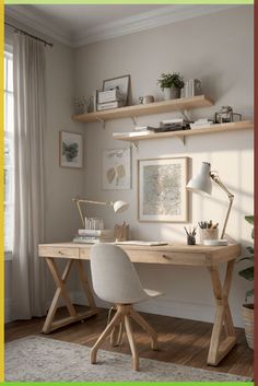 a home office with white walls and wooden desk, bookshelf above the desk