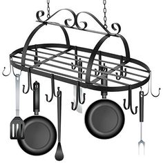 a pot and pan hanging from a metal rack with utensils on it's hooks