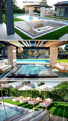 an outdoor swimming pool with lounge chairs and umbrellas next to it in front of a house