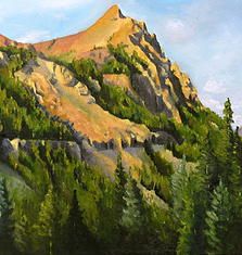 a painting of a mountain with trees on it