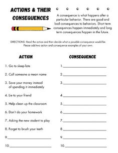 a worksheet with the words actions and their consequents on it