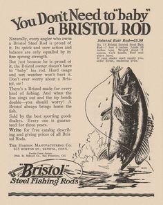 an advertisement for bristol steel fishing rods from the 1950's shows a large fish jumping out of water